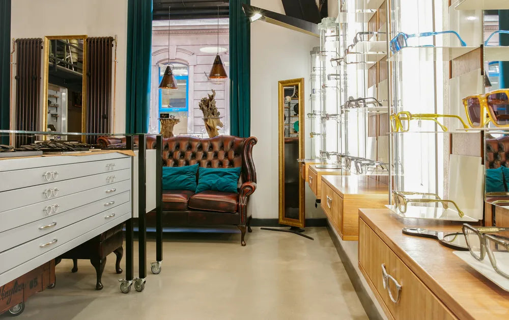 Frames on open shelves in the Tipton showroom