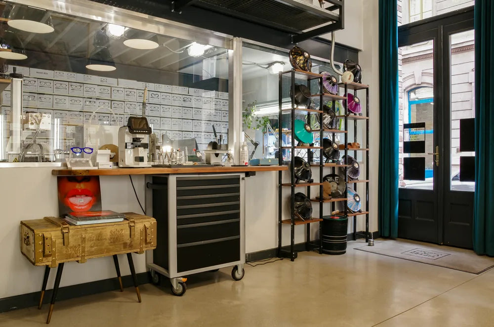 The eyewear workshop inside the Tipton showroom